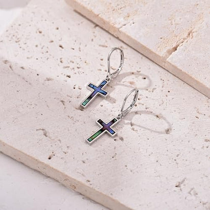 Leverback Earrings Dangle Earrings for Women Dangly Earrings Anniversary Birthday Gifts for Women - style: Cross Earrings with Abalone