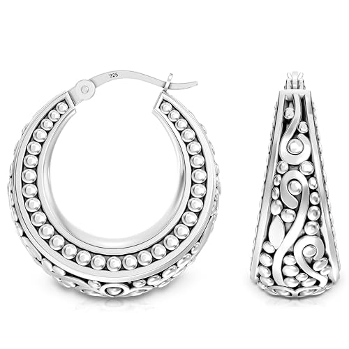 LeCalla 925 Sterling Silver Bali-Style Hoop Earrings Lightweight Click-Top Antique Two-Tone Beaded Italian Bali Style Earring Hoops for Women - style: Antique Caviar Beaded Style