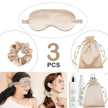 3Pcs Satin Eye Mask Silk Sleep Masks Set Silky Blindfold Eyeshade Blackout Eyes Cover Pouches Bag Scrunchy Wedding Gift - color: Pale Champagne