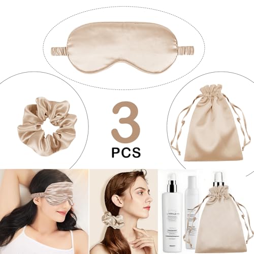 3Pcs Satin Eye Mask Silk Sleep Masks Set Silky Blindfold Eyeshade Blackout Eyes Cover Pouches Bag Scrunchy Wedding Gift - color: Pale Champagne