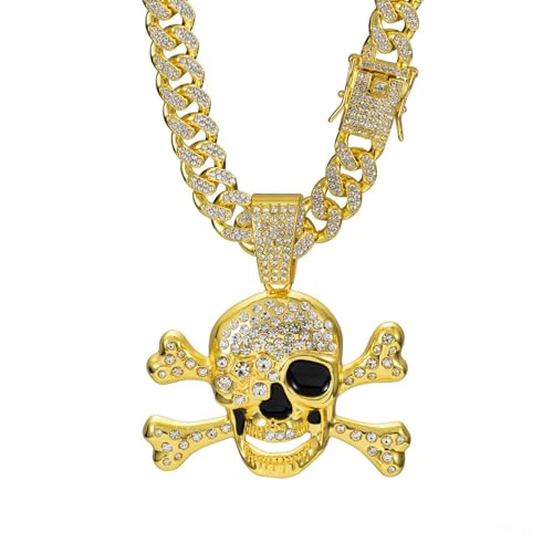 Slip Chain Choker for Women Handmade Black Stainless Steel Cuban Chain Chunky Moon Bat Raven Skull Pendant Gothic Punk Rock Collar Adjustable Lariat Y Necklace for Men - style: Golden Skull