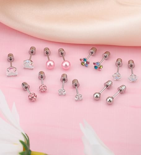 Staligue 8 & 21 Pairs Hypoallergenic Screw Back Earrings for Women – 20G Surgical Steel Flat Back Studs with Heart, CZ, Pearl, Star & Ball Designs | Tiny Cartilage Jewelry Options - color: Silver
