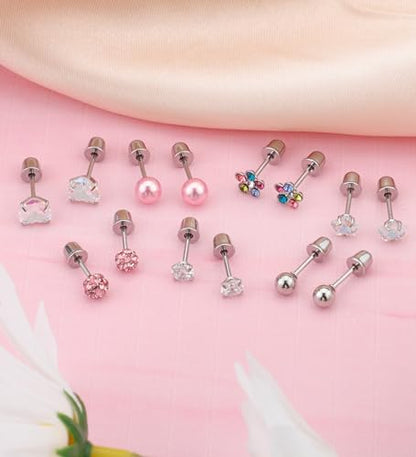 Staligue 8 & 21 Pairs Hypoallergenic Screw Back Earrings for Women – 20G Surgical Steel Flat Back Studs with Heart, CZ, Pearl, Star & Ball Designs | Tiny Cartilage Jewelry Options - color: Silver