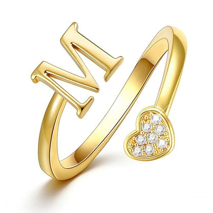 Lunvky Birthday Gifts Silver Initial Rings for Women Teen Girl Kids Trendy Stuff Dainty 14K Gold Plated Adjustable Heart Letter Thumb Rings Pinky Cute Jewelry Personalized Gift - color: Gold, size: Initial-M
