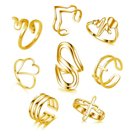 Loqimu 8 Pack Stainless Steel Rings Set for Women Silver Aesthetic Jewelry Rings Adjustable Stackable Rings for Teen Girls Trendy Knuckle Thumb Finger Rings Size 8 9 7 10 Indie rings - color: Gold