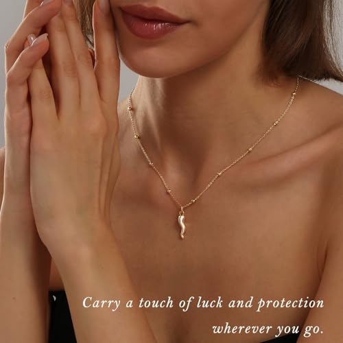 Gold Silver Necklace for Women, Dainty Cubic Zirconia Pendant | Teardrop CZ Charm, 14K Gold/Sterling Silver Plated, Adjustable Chain, Hypoallergenic & Waterproof Jewelry, Cute Trendy Gift - color: Gold-Italian horn/ball chain
