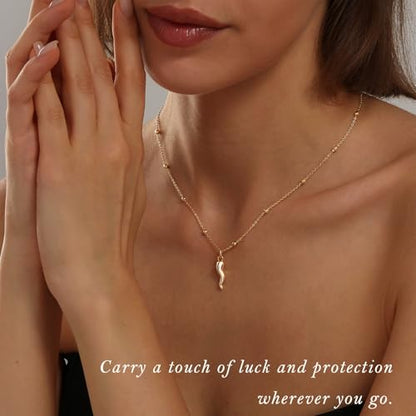 Gold Silver Necklace for Women, Dainty Cubic Zirconia Pendant | Teardrop CZ Charm, 14K Gold/Sterling Silver Plated, Adjustable Chain, Hypoallergenic & Waterproof Jewelry, Cute Trendy Gift - color: Gold-Italian horn/ball chain