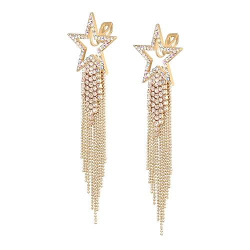 EVER FAITH Crystal Long Waterfall Star Tassel Clip-on Earrings for Women | Rhinestone Beaded Fringe Chandelier Dangle Statement Earring, Wedding Party Jewelry - color: Iridescent Clear AB Gold-Tone