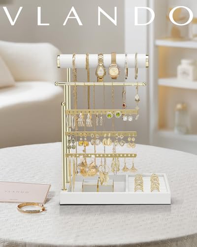 VLANDO Jewelry Stand Organizer with Ring Holder Tray, Necklace and Earring Storage for Bracelets, Watches and Rings, PU Leather Covered Wooden Tray with Gold Metal Frame - White - color: White