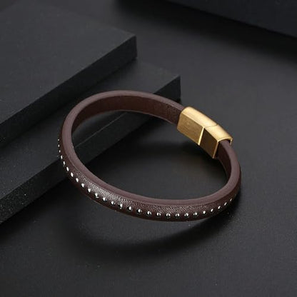 Italian Handmade Leather Bracelets for Men - color: Thin Brown, size: 8.2"
