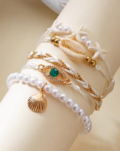 Shell Bracelets for Women Layered Seashell Starfish Bracelets Stackable Stretch Boho Beaded Bracelet Summer Beach Surfer Bracelet Seaside Beach Dress Outfits Accessories - color: B2:shell bracelets