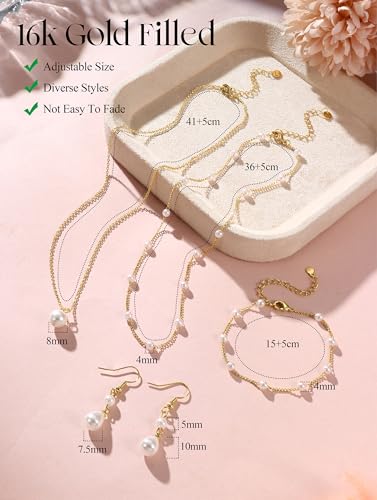 YADOCA Gold Pearl Jewelry Set for Women Bride Bridal Bridesmaid jewelry | 16K Gold Plated Pearl Layered Choker Necklace Earring Bracelets Set Dainty Wedding jewelry Set Gifts - style: Style-A