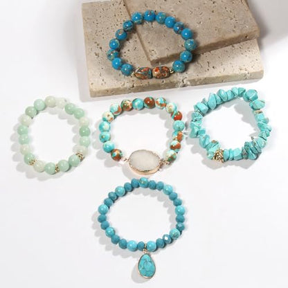 Yomisa 5PCS 6PCS Natural Boho Beaded Bracelets/Bangle for Women Men,Healing Turquoise Jasper Agate Crystal Gemstone Stone Chakra Multilayer Wrap Bohemian Handmade Jewelry Beads Stretch Bracelet Set - color: 5PCS-Turquoise