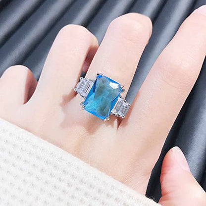 Moissanite Diamond Ring for Women 925 Sterling Silver Shiny Huge CZ Crystal Gemstone Open Adjustable Wedding Ring - color: Blue