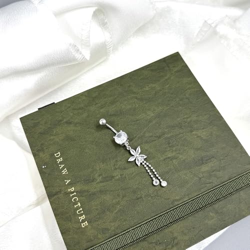 5PCS Crystal Belly Button Ring for Women Dangle Navel Belly Piercing Jewelry Cute Bow Butterfly Heart Angel wings Navel Belly Rings 14G Silver Surgical Steel Belly Button Stud - color: Silver-4pcs