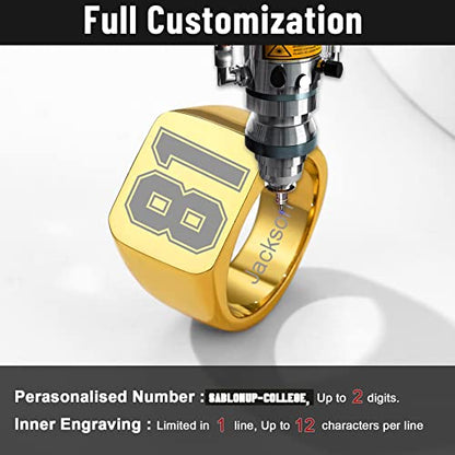 GoldChic Jewelry Personalized Signet Rings Men Women, Stainless Steel Custom Photo Bold Square/Oval Monogram/Old English Initial Pinky Stacking Statement Ring in Black/Silver/Gold (Size 7-14) - color: Gold-Number -Square
