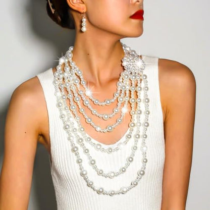 Gangel Pearl Necklace Earring Set Faux Layered Pearls Necklaces Bridal Wedding Jewelry Multi Strand Pearl Necklace for Women