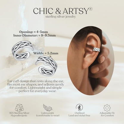 CHIC & ARTSY 925 Sterling Silver Ear Cuffs for Women, Non Piercing Clip On Cartilage Cuffs, Adjustable Fake Conch & Helix Earrings, Gold Plated & Oxidized Various Styles - color: ear cuff #24