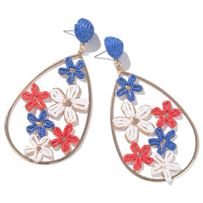 Boho Raffia Flower Teardrop Earrings Cute Colorful Dangle Trendy Jewelry | Floral Drop Statement Big Dangling Earring Hypoallergenic Gold Fun Unique Summer Spring Beach Vacation Outfits for Women - color: Flag