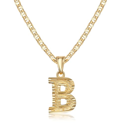 Barzel 18K Gold Plated Initial Necklace with Diamond Cut Initial, Waterproof, High Polish Finish, Made in Brazil - style: B