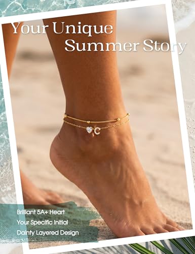 Kakonia Double Layer Initial Anklet for Women, 14K Gold Plated Heart Ankle Bracelet, Personalized A-Z Letter, Waterproof Non Tarnish Cubic Zirconia Dainty Adjustable Summer Beach Jewelry Gift - style: Letter C