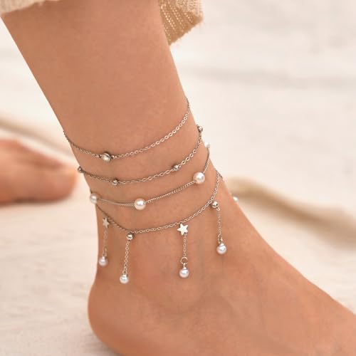 LOFITOR Anklets for Women Ankle Bracelet Charm Link Chain Set Foot | Waterproof Dainty Cz Evil Eye Beaded Anklets Adjustable Beach Foot Jewelry Feet Chains, Summer Beach Foot Jewelry Gifts - style: Pearl Gold