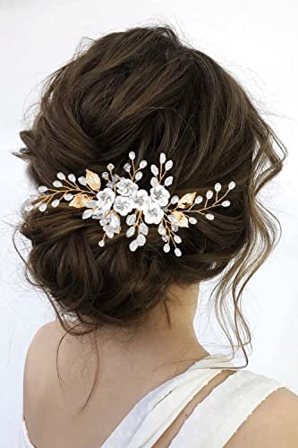 Unicra Flower Bride Wedding Hair Comb Leaf Gold Bridal Headpiece Pearl Hair Accessories Crystal Hair Piece Jewelry for Women (B Gold) - color: B Gold