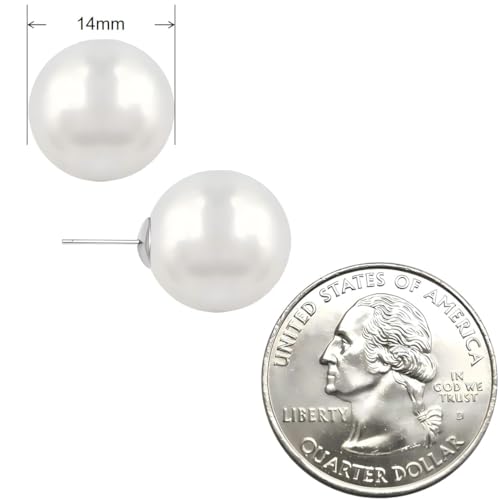 White Faux Pearl Stud Earrings, S925 Silver Posts Hypoallergenic for Women - color: White, size: 14mm