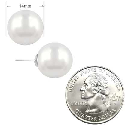 White Faux Pearl Stud Earrings, S925 Silver Posts Hypoallergenic for Women - color: White, size: 14mm