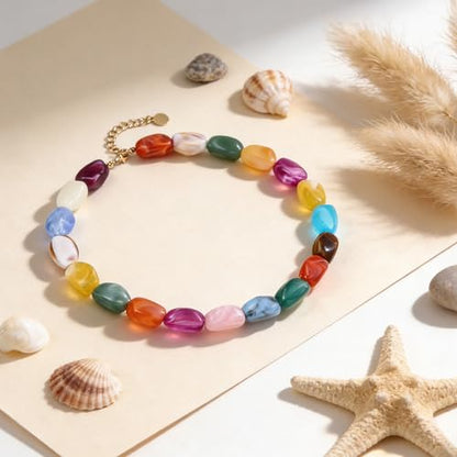 Rainbow Beaded Necklace for Women - Boho Necklaces Chunky Necklace for Summer Vacation Jewelry, Colorful Seed Bead Choker Statement Necklace - color: Thick C