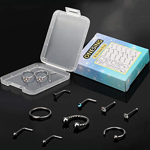 ONESING 9-40 Pcs Nose Rings - Hoops, Studs & L Shape - Hypoallergenic Stainless Steel Nose Piercings for Women & Men - color: Silver-36Pcs