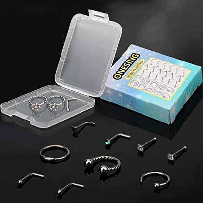 ONESING 9-40 Pcs Nose Rings - Hoops, Studs & L Shape - Hypoallergenic Stainless Steel Nose Piercings for Women & Men - color: Silver-36Pcs