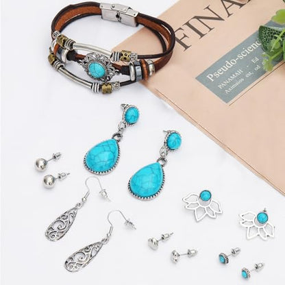NEWITIN 20 Pieces Silver Bohemian Jewelry Set for Women Fashion Costume Jewels Turquoise Necklace Bracelet Ring Earrings Western Turquoise Jewelry Set for Women - color: Turquoise Jewelry Blue Set