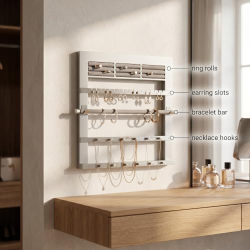 Hives and Honey Tori Wall Hanging Jewelry Rack – Wall-Mounted Organizer with Ring Rolls, Earring Slots, Bracelet Bar & Necklace Hooks, Anti-Tarnish Linen, Silver - color: Silver