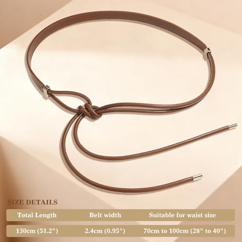 Women's Knotted Thin Waist Belt PU Leather Skinny Belts for Dresses Pants - color: Brown