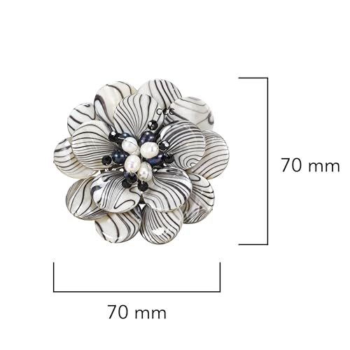AeraVida Wild & Stylish Black & White Pearls with Painted Stripes on Mother of Pearl Seashell Floral Brooch Pin for Retro Zebra or Animal Print Inspired Fashion Accessories