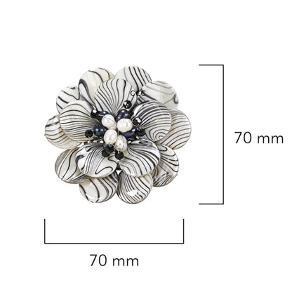 AeraVida Wild & Stylish Black & White Pearls with Painted Stripes on Mother of Pearl Seashell Floral Brooch Pin for Retro Zebra or Animal Print Inspired Fashion Accessories