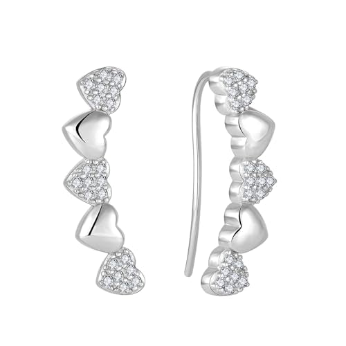 Heart Climber Earrings for Women 925 Sterling Silver White/Yellow/Rose Gold Plated Cubic Zirconia Ear Crawler Earrings Jewelry - color: White