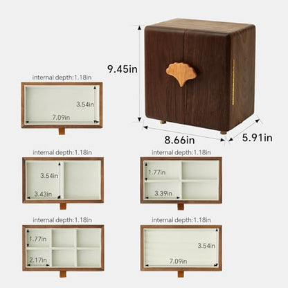 Black Walnut Wood Jewelry Box, Large | Women & Men, Velvet Lined, 5 Drawers, Hand Carved Ginkgo Leaf Handles, Double Door Wardrobe Design - size: Ginkgo leaves
