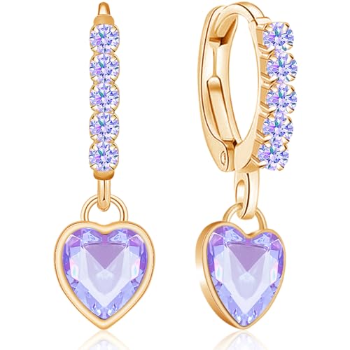 Sparkly Crystal Love Heart Dangle Drop Earrings Dainty Rhinestone Tiny Heart Huggie Hoop Earrings For Women - color: Purple