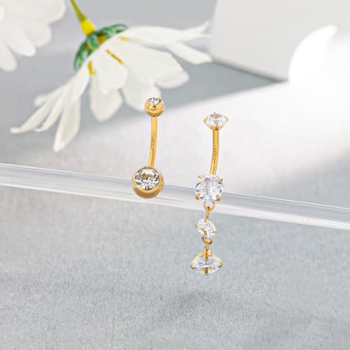 2pcs 14k Gold Filled Belly Button Rings, 14G 8mm/10mm/12mm Threaded Barbell Belly Button Piercing, Navel Ring Piercing Jewelry - color: 14K GF-2pcs-Dangle-12mm