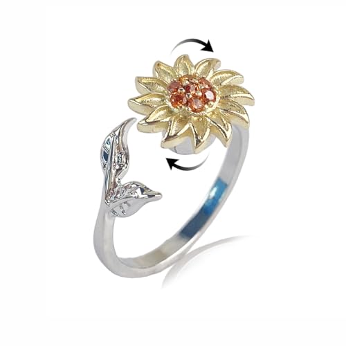 Hebelee Rotatable CZ Sunflower Spinner Ring for Women Fashion Crystal Rotating Flower Stackable Statement Open Wrap Finger Rings Comfort Fit Adjustable Fidget Anxiety Relieving Stress Jewelry - color: 2 Leaf