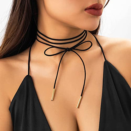 Bethynas Gothic Bow-knot Velvet Choker Necklace Sexy Long Wrap Rope Collar Tie Neck Chain with Silver Gold Pendant Boho Party Neck Accessories for Women - color: Black