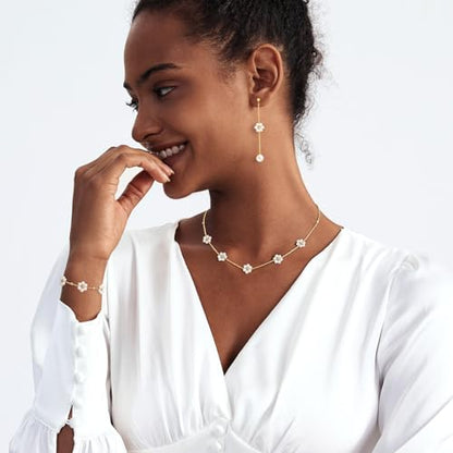 Zeffy Gold Pearl Necklace for Women, Dainty 14K Gold/Silve Plated Layered Pearl Choker Pearl Earrings Pearl Bracelets Wedding Trendy Gold Jewelry Set for Women Gifts - style: Gold Daisy Pearl Necklace&Drop Earrings&Bracelet-3PCS