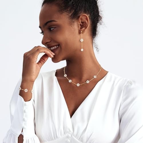 Zeffy Gold Pearl Necklace for Women, Dainty 14K Gold/Silve Plated Layered Pearl Choker Pearl Earrings Pearl Bracelets Wedding Trendy Gold Jewelry Set for Women Gifts - style: Gold Daisy Pearl Necklace&Drop Earrings&Bracelet-3PCS