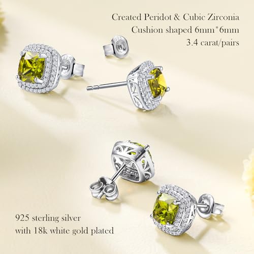 Dainty Birthstone Earrings for Women Sterling Silver Small Stud Earrings with Halo Cushion/Round Created Gemstone Earrings Birthstone Jewelry - style: A 08. Aug./created peridot-cushion cut