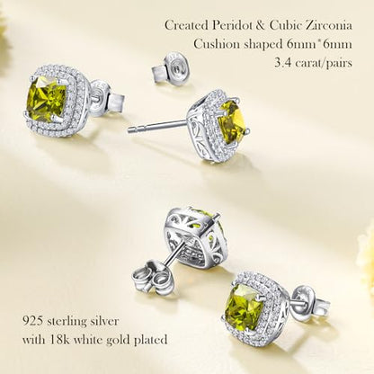 Dainty Birthstone Earrings for Women Sterling Silver Small Stud Earrings with Halo Cushion/Round Created Gemstone Earrings Birthstone Jewelry - style: A 08. Aug./created peridot-cushion cut