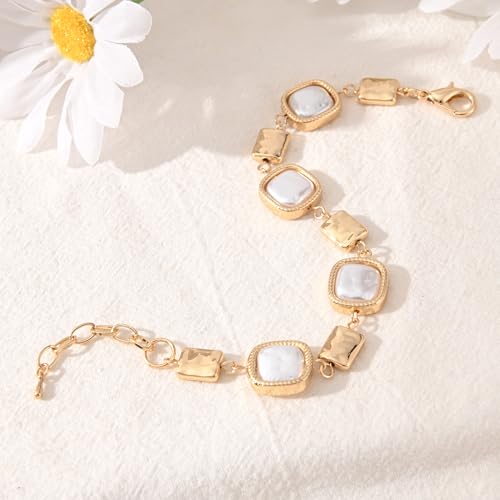 14K Gold & Silver Plated Lightweight Link Bracelet for Women | Stackable Bracelets ,14K Gold Plated Bracelets with CZ,Lightweight Trendy Chain Bracelet Jewelry Gift - style: square&pearl