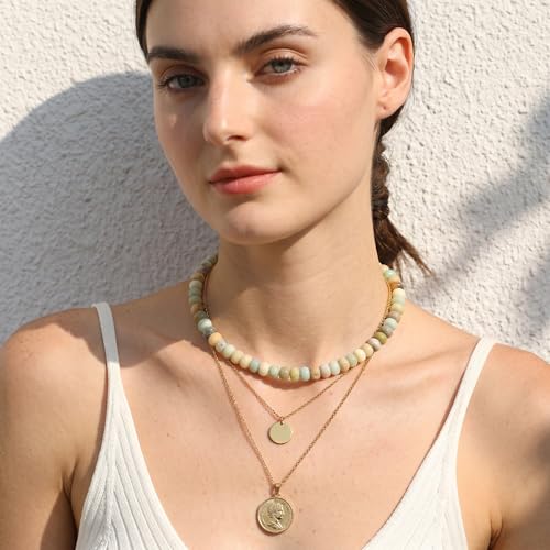 Gemstone Beaded Necklace for Women Colorful Natural Stone Freshwater Pearl Surfer Beach Rainbow Necklace Jewelry Gift - color: Teal