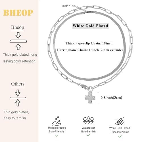 Bheop Chunky Cross Necklace for Women, 14K Gold Silver Statement Necklace | Sturdy Paperclip Chain, Hammered Pendant, Vintage Charm, Trendy Costume Jewelry, Faith Christian Religious Gift, Non Tarnish - style: SL-2PCS/0.8 inch Cross+Herringbone Necklace